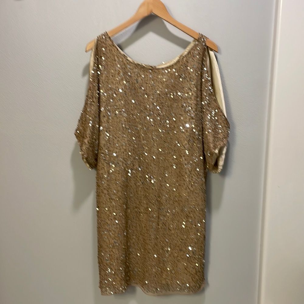 Pisarro Nights Woman’s gold beaded silk dress